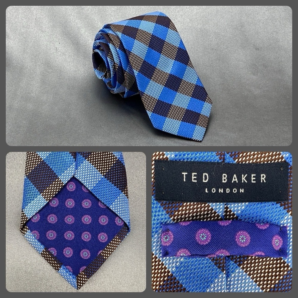 TED BAKER London Men's 100% Silk Necktie USA Designer "Get Knotted" Blue Check